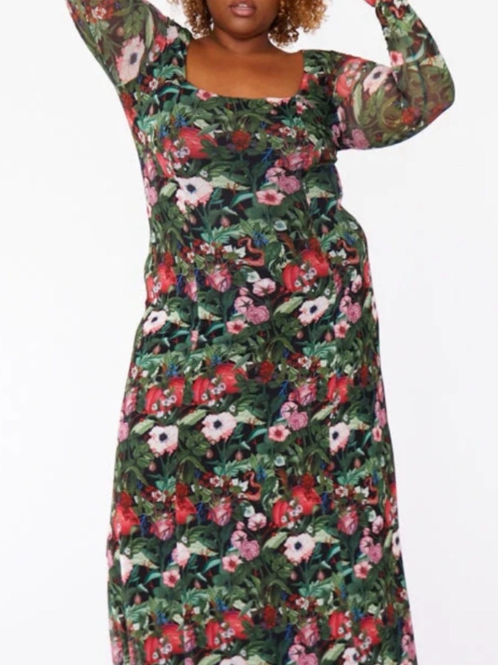 Anthropologie Green Floral Maxi Dress with Pink & Red Blooms